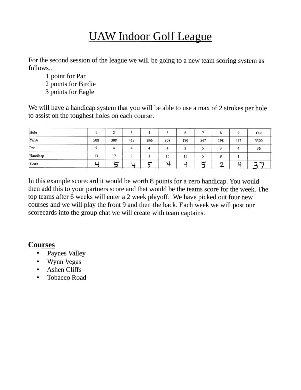 Indoor Golf League Rules